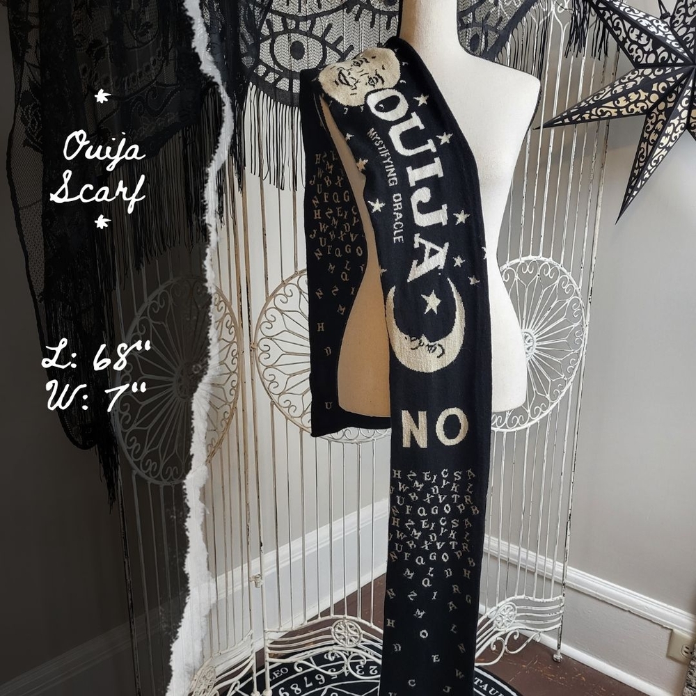 Y2K Black Ouija Scarf with Sun and Moon White Print Goth Witch Magic Occult